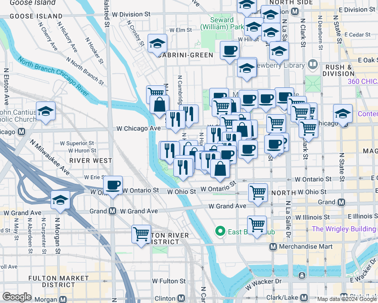 map of restaurants, bars, coffee shops, grocery stores, and more near 448 West Huron Street in Chicago