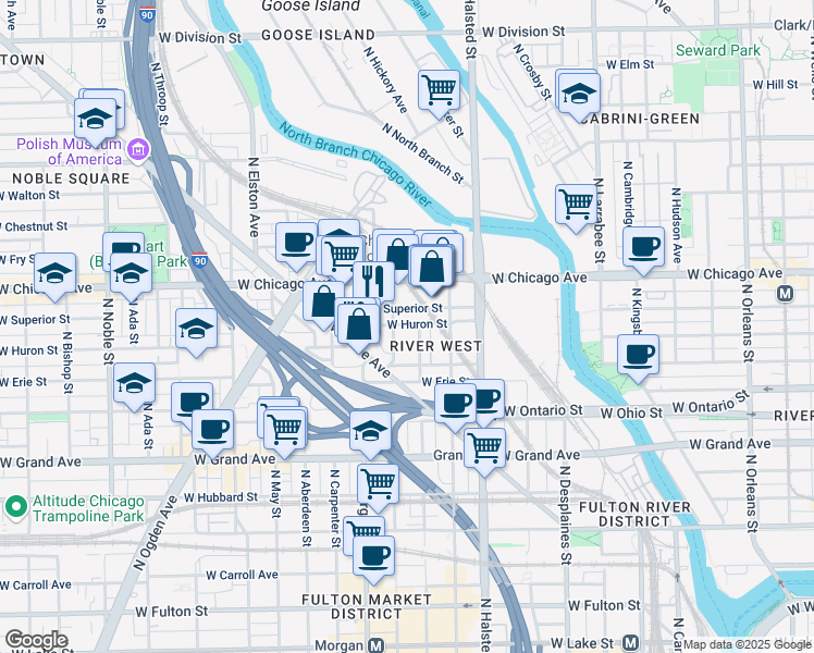 map of restaurants, bars, coffee shops, grocery stores, and more near 925 West Huron Street in Chicago