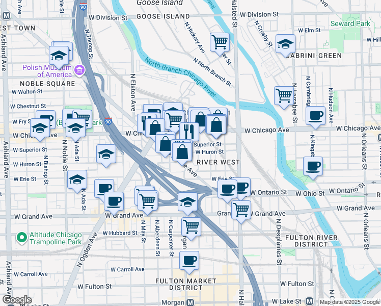 map of restaurants, bars, coffee shops, grocery stores, and more near 957 West Huron Street in Chicago