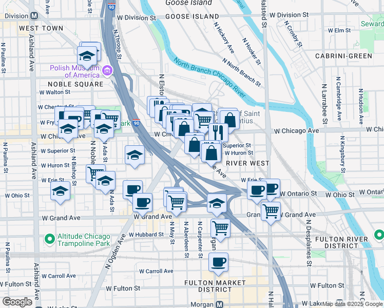 map of restaurants, bars, coffee shops, grocery stores, and more near 731 North Carpenter Street in Chicago