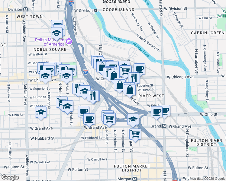 map of restaurants, bars, coffee shops, grocery stores, and more near 723 North Ogden Avenue in Chicago