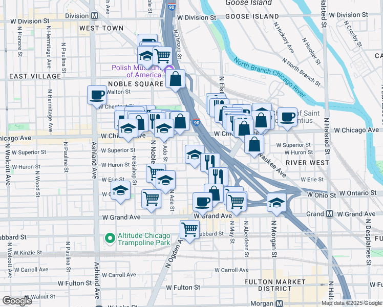 map of restaurants, bars, coffee shops, grocery stores, and more near 718 North Willard Court in Chicago