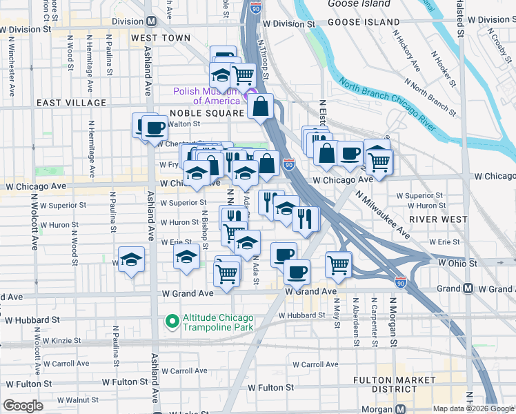 map of restaurants, bars, coffee shops, grocery stores, and more near 721 North Throop Street in Chicago