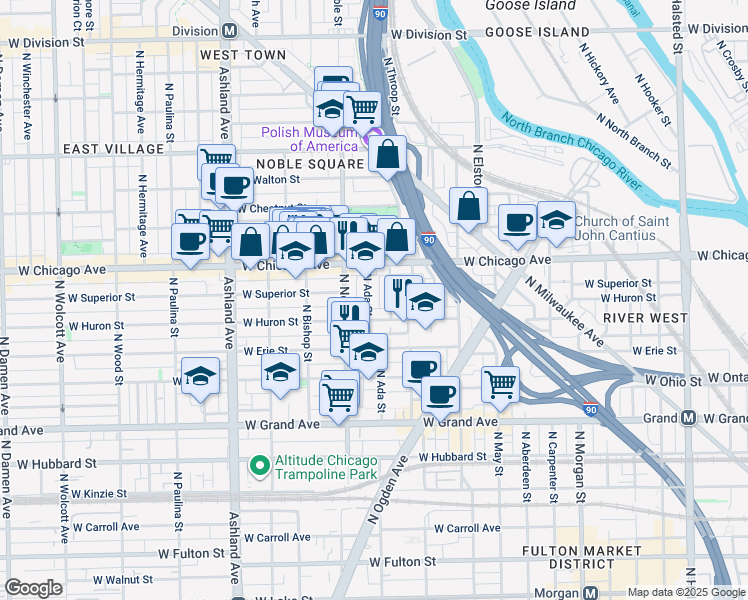 map of restaurants, bars, coffee shops, grocery stores, and more near 720 North Ada Street in Chicago