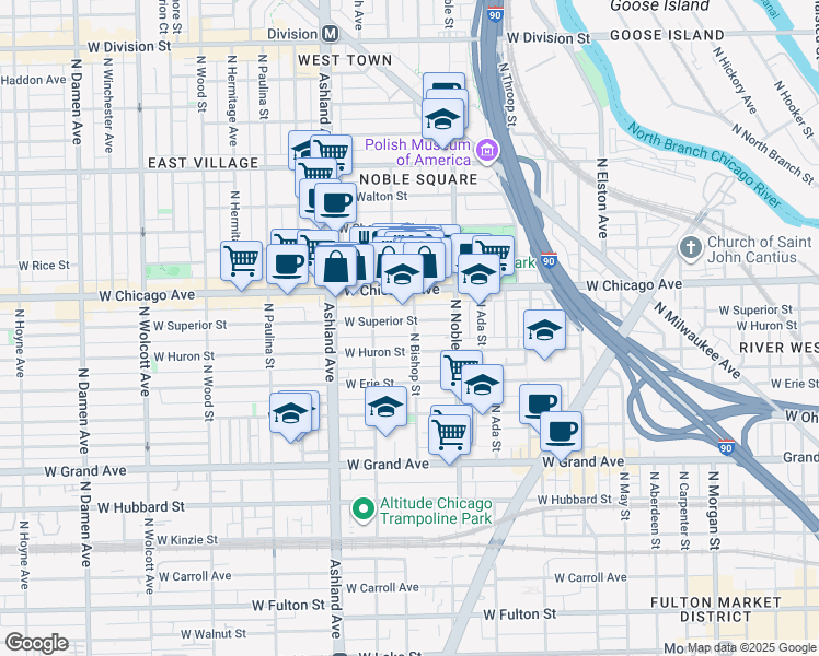 map of restaurants, bars, coffee shops, grocery stores, and more near 1453 West Superior Street in Chicago