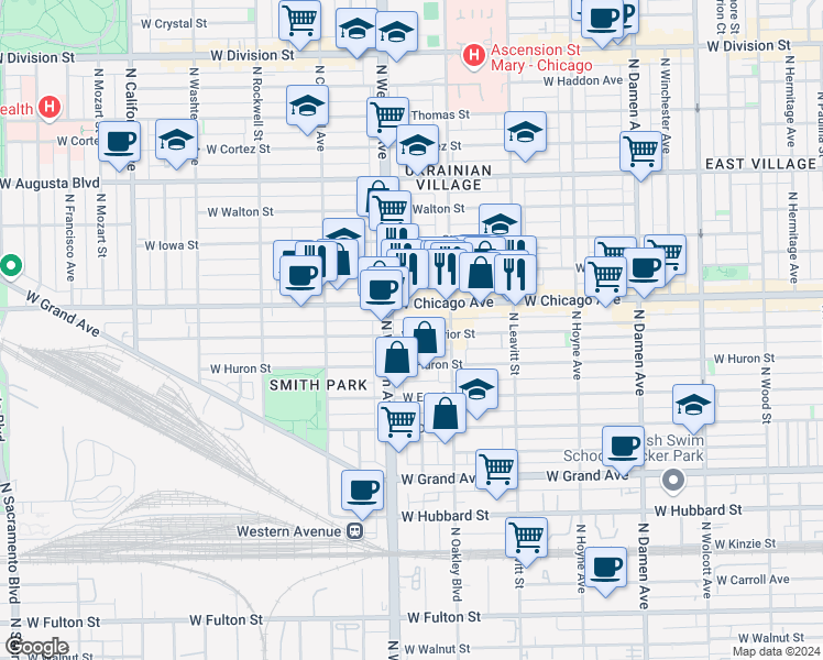 map of restaurants, bars, coffee shops, grocery stores, and more near 2326 West Superior Street in Chicago
