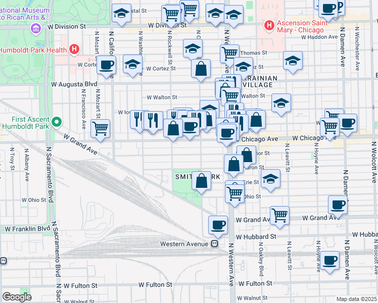 map of restaurants, bars, coffee shops, grocery stores, and more near 2514 West Superior Street in Chicago
