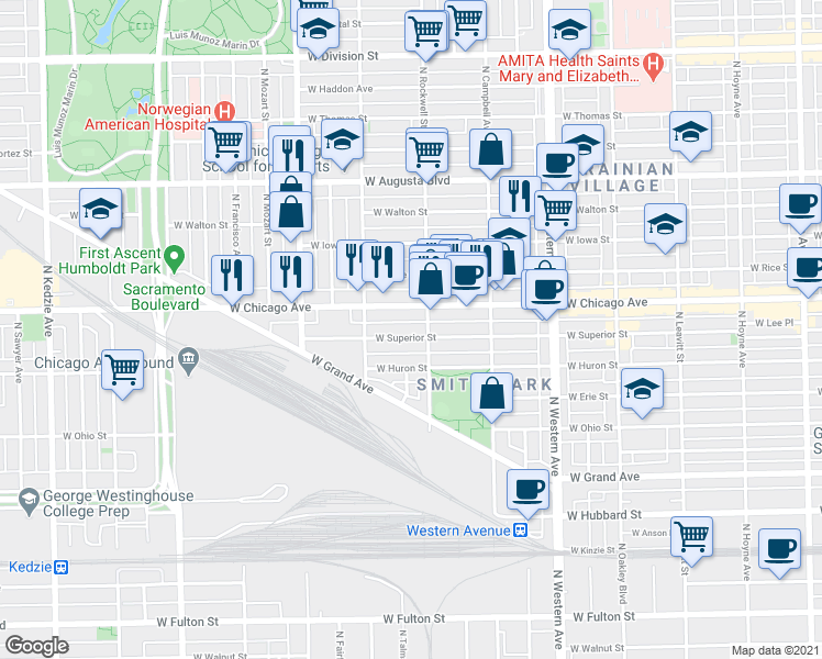 map of restaurants, bars, coffee shops, grocery stores, and more near 2630 West Superior Street in Chicago
