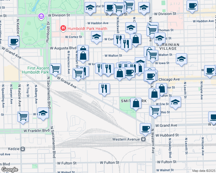 map of restaurants, bars, coffee shops, grocery stores, and more near 2630 West Superior Street in Chicago