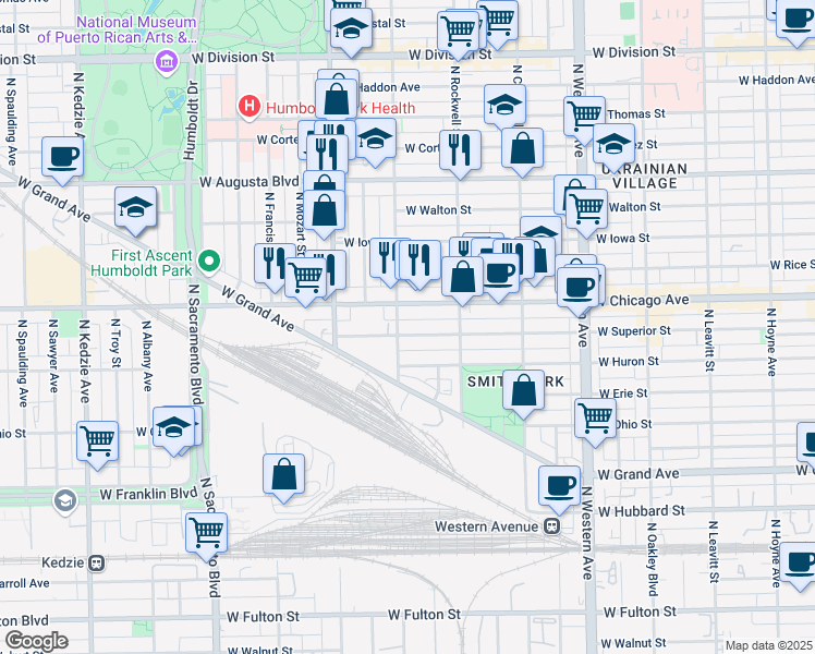 map of restaurants, bars, coffee shops, grocery stores, and more near 2700 West Superior Street in Chicago