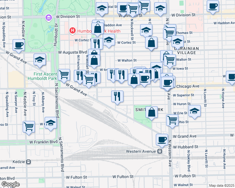 map of restaurants, bars, coffee shops, grocery stores, and more near 2700 West Superior Street in Chicago