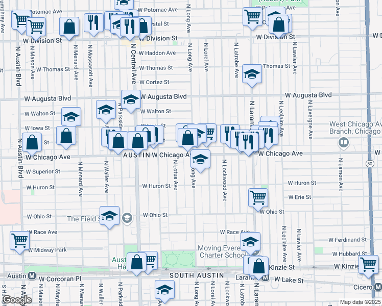 map of restaurants, bars, coffee shops, grocery stores, and more near in Chicago