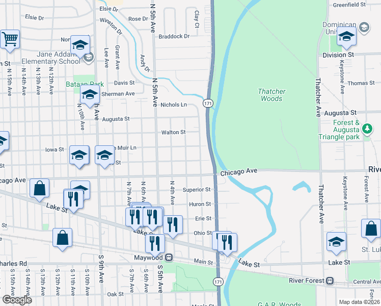 map of restaurants, bars, coffee shops, grocery stores, and more near 811 North 3rd Avenue in Maywood