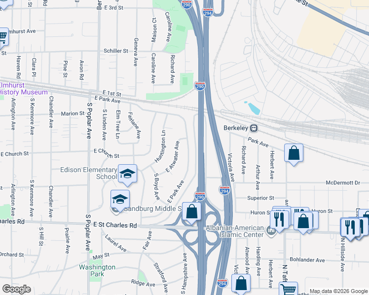 map of restaurants, bars, coffee shops, grocery stores, and more near 440 East Atwater Avenue in Elmhurst
