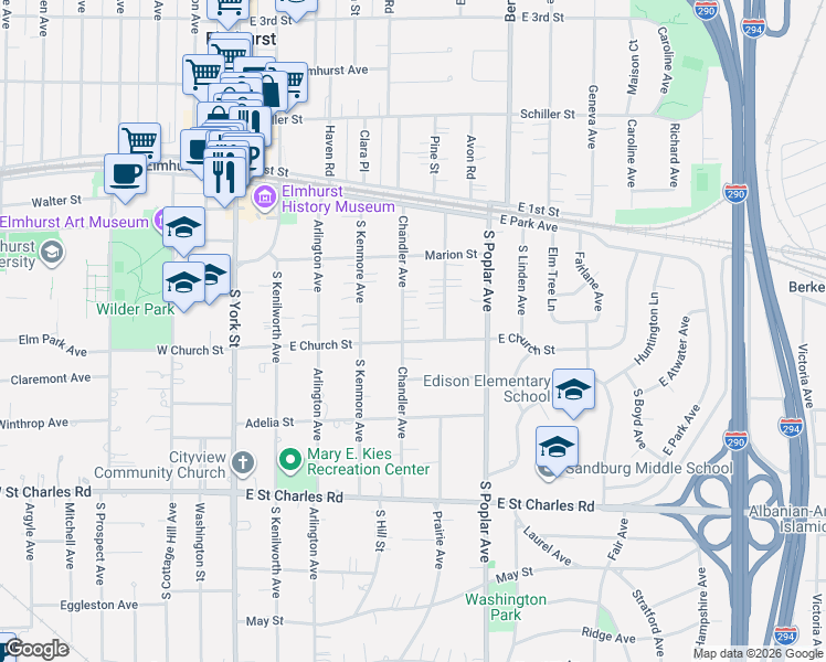 map of restaurants, bars, coffee shops, grocery stores, and more near 203 Chandler Avenue in Elmhurst