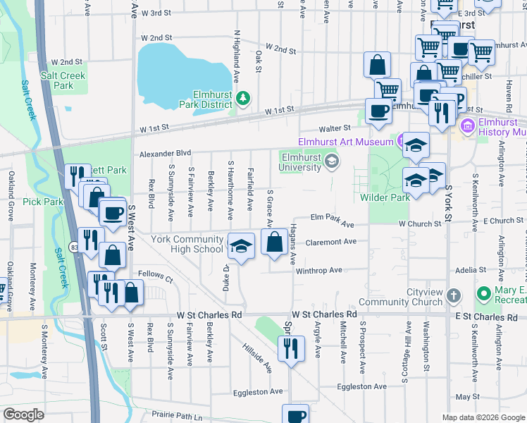 map of restaurants, bars, coffee shops, grocery stores, and more near 222 South Grace Avenue in Elmhurst