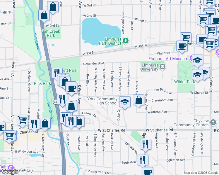 map of restaurants, bars, coffee shops, grocery stores, and more near 207 South Fairview Avenue in Elmhurst