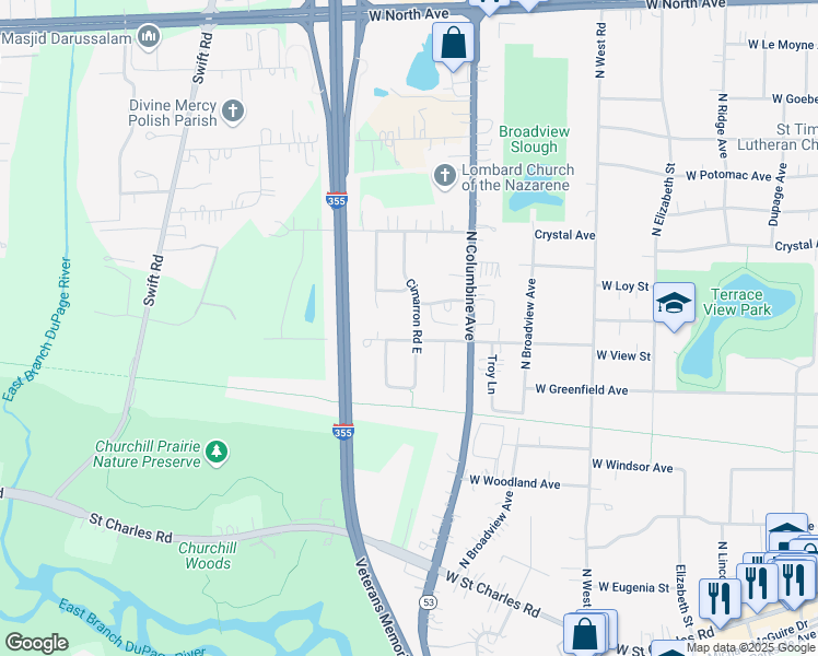 map of restaurants, bars, coffee shops, grocery stores, and more near 308 Cimarron Road West in Lombard