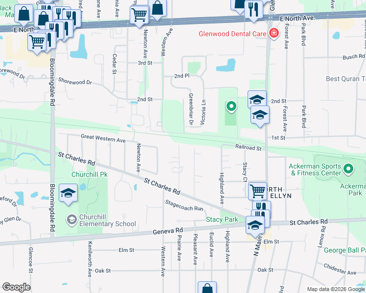 map of restaurants, bars, coffee shops, grocery stores, and more near 1N341 Prairie Avenue in Glen Ellyn