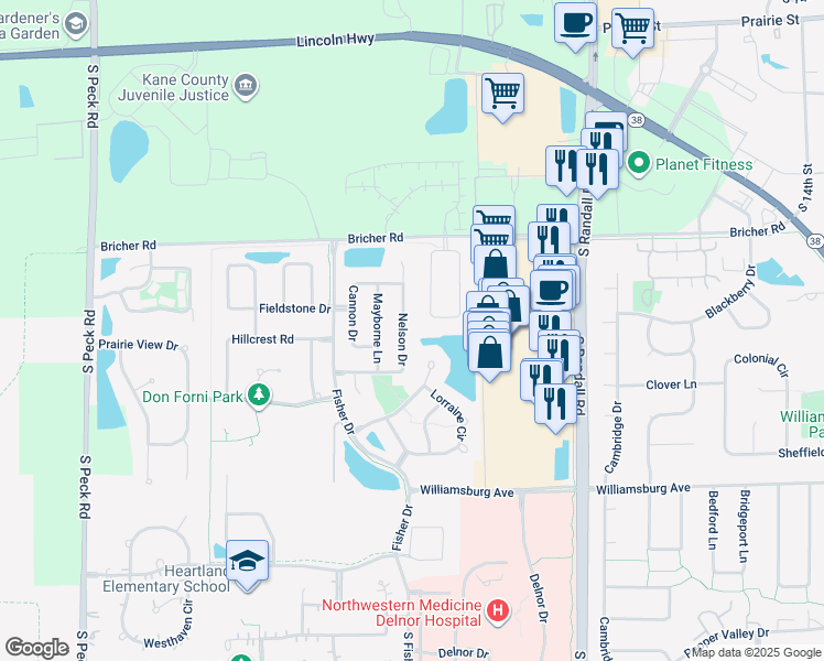 map of restaurants, bars, coffee shops, grocery stores, and more near 431 Nelson Drive in Geneva