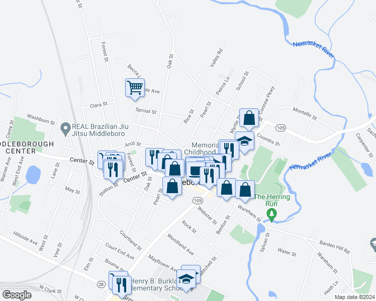 map of restaurants, bars, coffee shops, grocery stores, and more near 73 Pearl Street in Middleborough