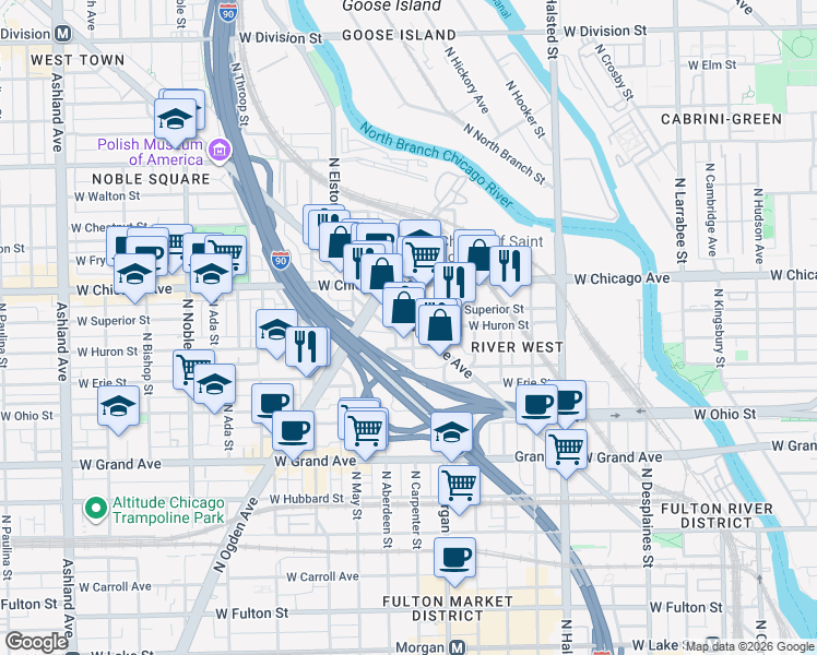map of restaurants, bars, coffee shops, grocery stores, and more near 730 North Milwaukee Avenue in Chicago