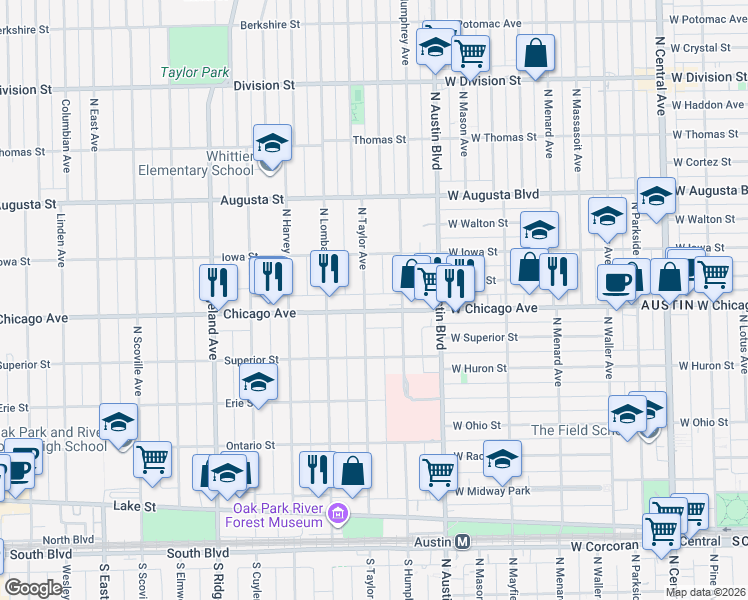 map of restaurants, bars, coffee shops, grocery stores, and more near 62 Chicago Avenue in Oak Park