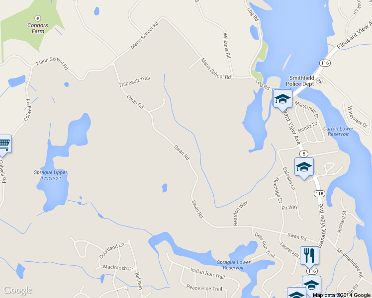 map of restaurants, bars, coffee shops, grocery stores, and more near 93 Swan Road in Smithfield