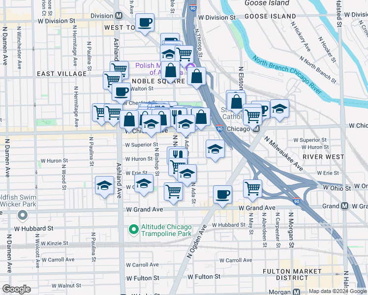 map of restaurants, bars, coffee shops, grocery stores, and more near 720 North Ada Street in Chicago