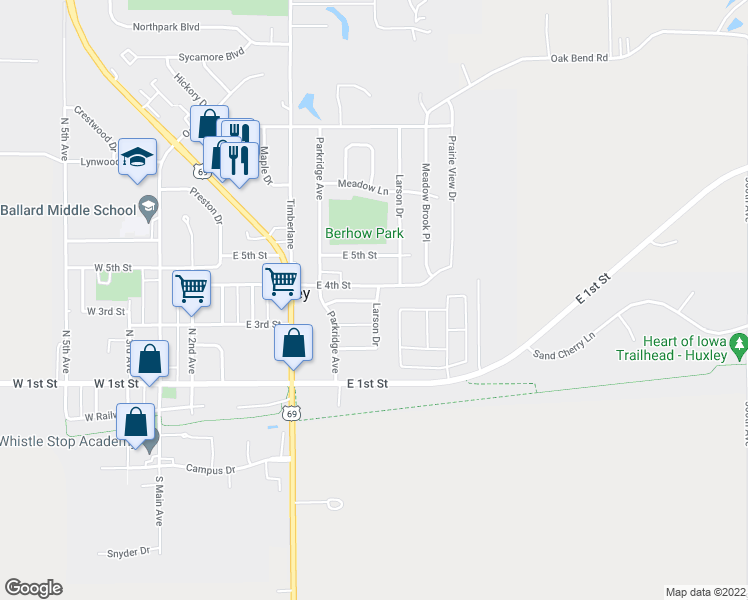 map of restaurants, bars, coffee shops, grocery stores, and more near 533 Prairie Ridge Drive in Huxley