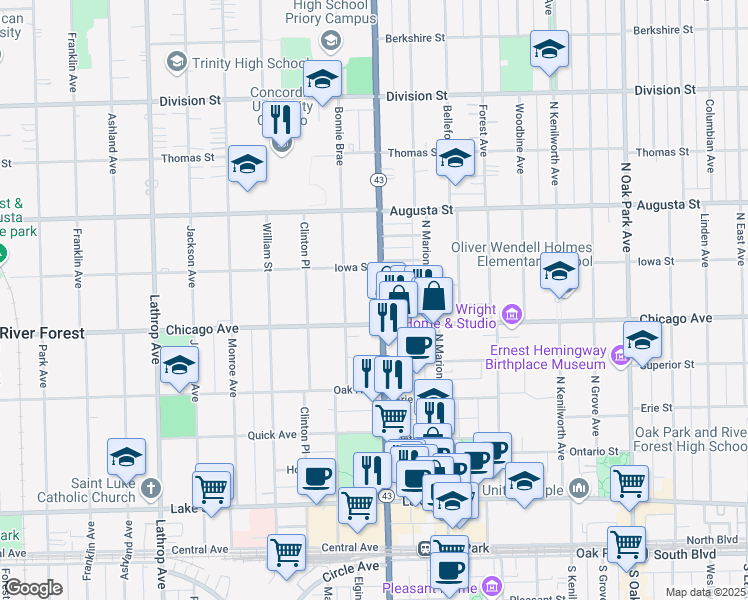 map of restaurants, bars, coffee shops, grocery stores, and more near 818 Harlem Avenue in Oak Park