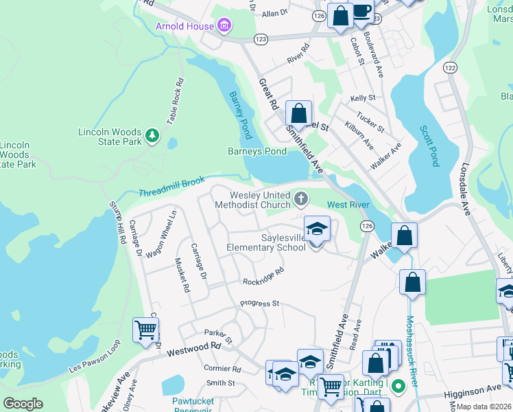 map of restaurants, bars, coffee shops, grocery stores, and more near 45 Rockridge Road in Lincoln