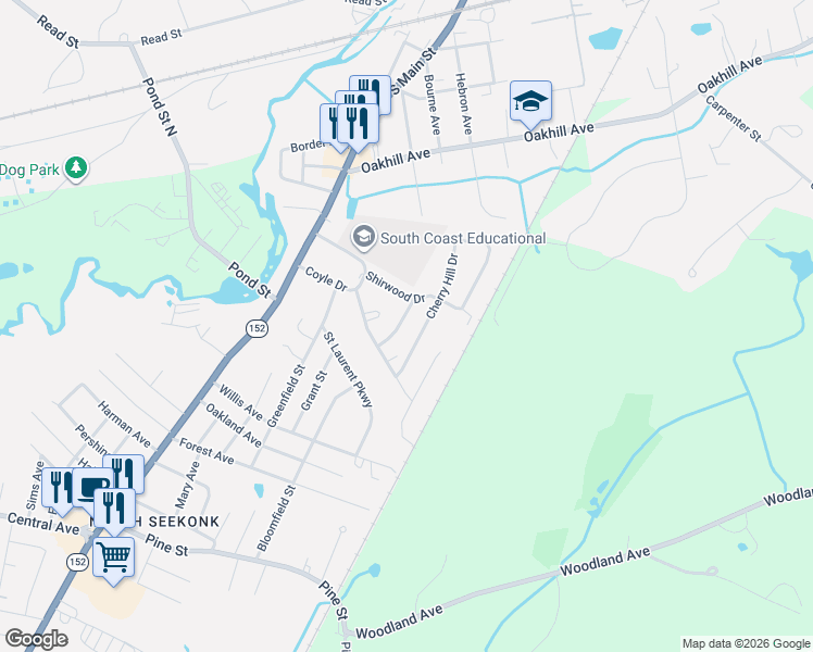 map of restaurants, bars, coffee shops, grocery stores, and more near 29 Edgemere Drive in Seekonk