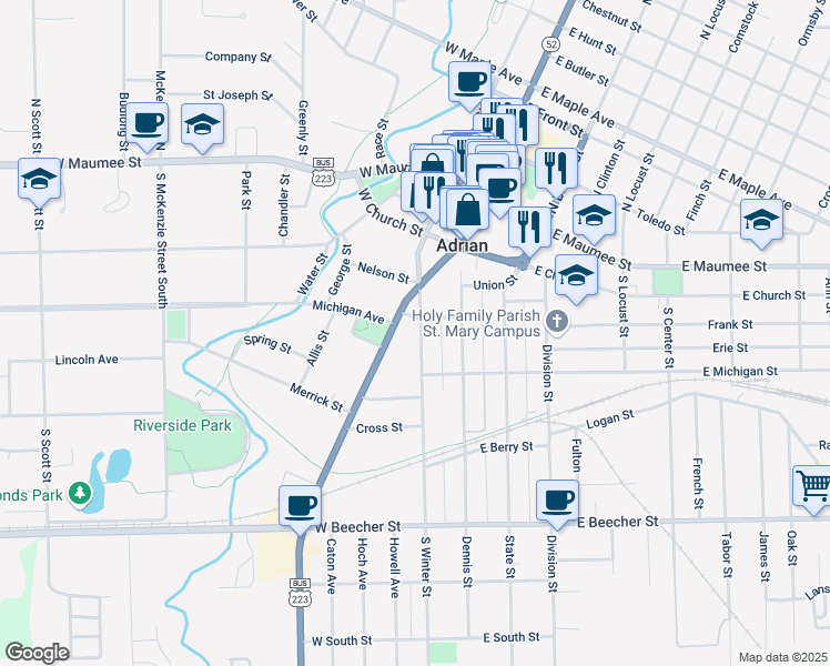 map of restaurants, bars, coffee shops, grocery stores, and more near 414 South Winter Street in Adrian