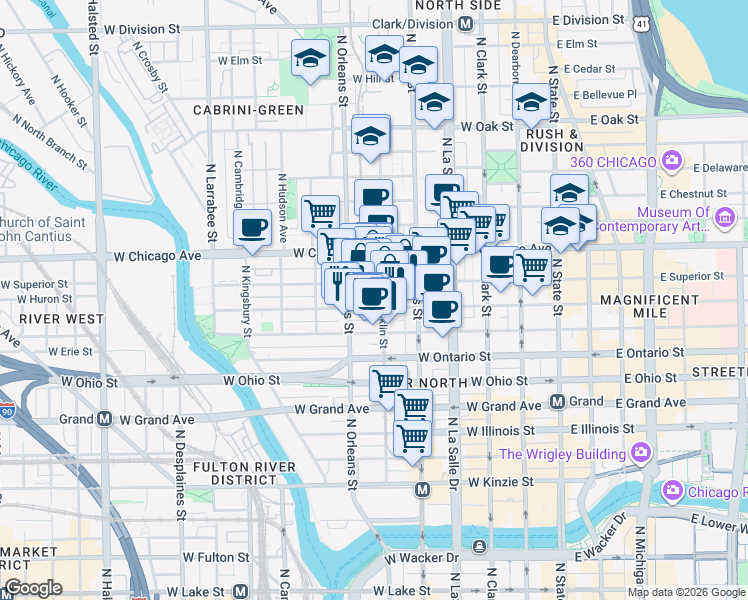 map of restaurants, bars, coffee shops, grocery stores, and more near 306 West Huron Street in Chicago