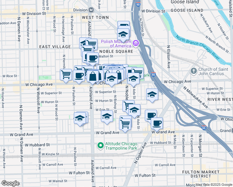 map of restaurants, bars, coffee shops, grocery stores, and more near 1453 West Superior Street in Chicago