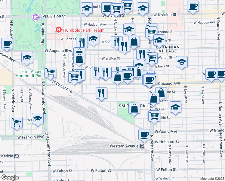 map of restaurants, bars, coffee shops, grocery stores, and more near 2630 West Superior Street in Chicago