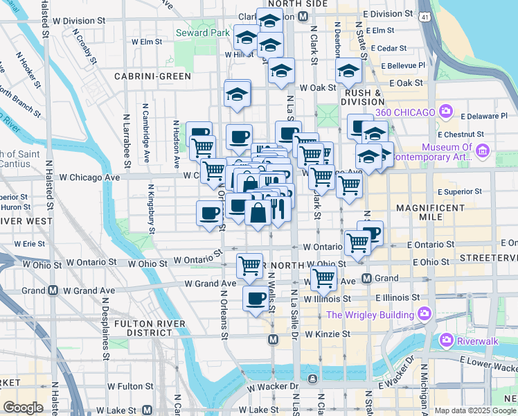 map of restaurants, bars, coffee shops, grocery stores, and more near 214 West Huron Street in Chicago