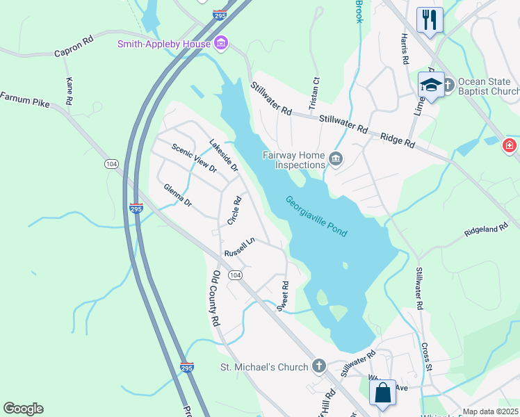 map of restaurants, bars, coffee shops, grocery stores, and more near 13 Lakeside Drive in Smithfield