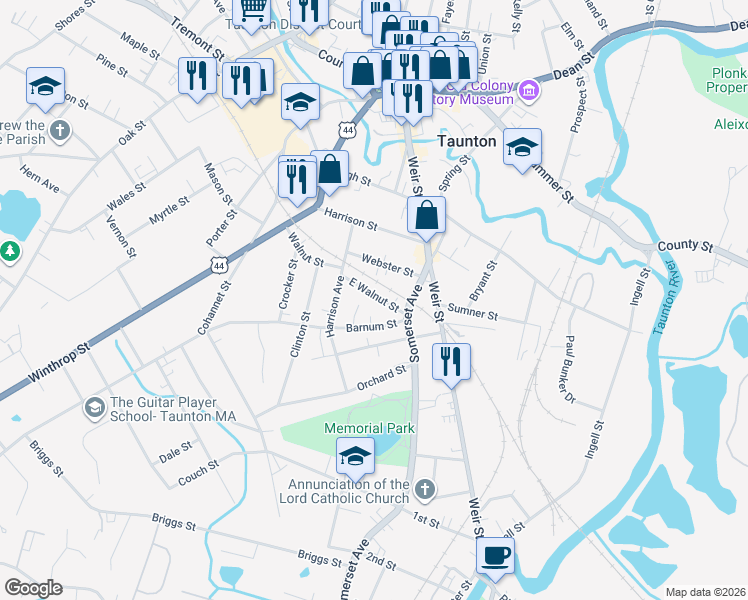map of restaurants, bars, coffee shops, grocery stores, and more near 19 Barnum Place in Taunton
