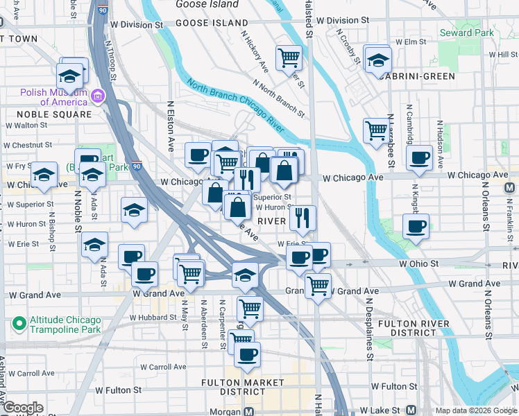 map of restaurants, bars, coffee shops, grocery stores, and more near W Huron St & N Sangamon St in Chicago