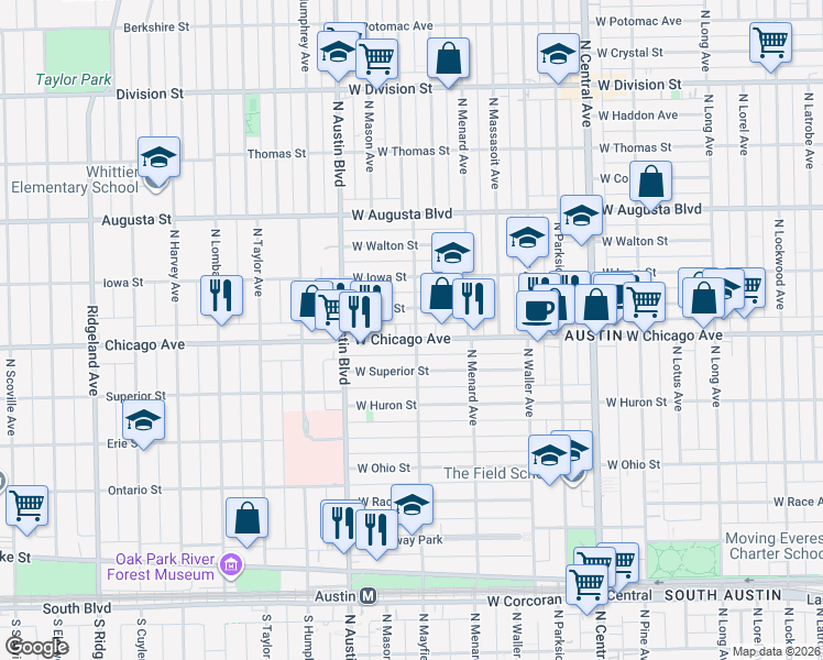map of restaurants, bars, coffee shops, grocery stores, and more near 5900 West Chicago Avenue in Chicago
