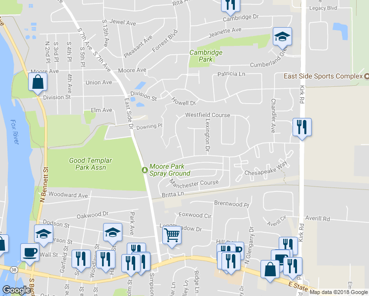 map of restaurants, bars, coffee shops, grocery stores, and more near 539 Westfield Course in Geneva