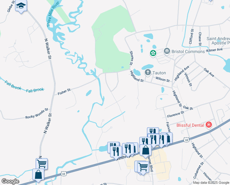 map of restaurants, bars, coffee shops, grocery stores, and more near 72 3 Mile River Lane in Taunton