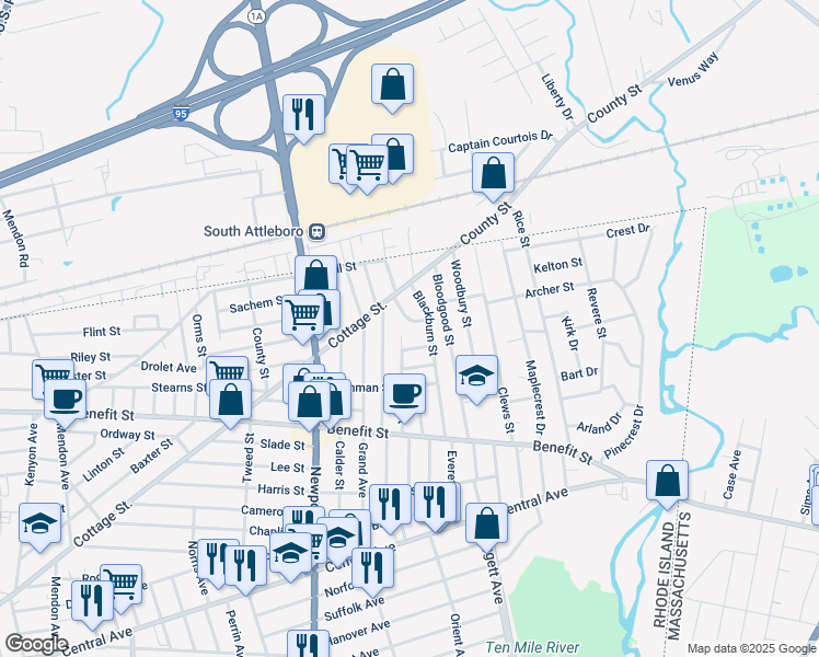 map of restaurants, bars, coffee shops, grocery stores, and more near 14 Elmcrest Drive in Pawtucket