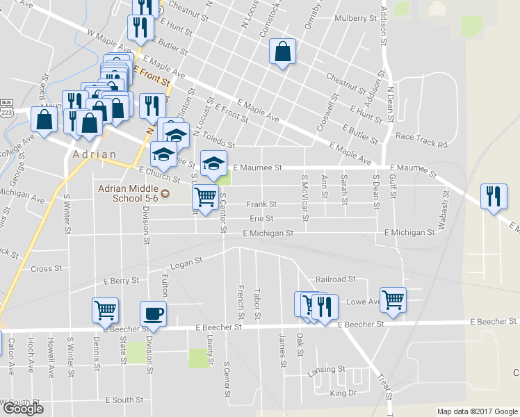 map of restaurants, bars, coffee shops, grocery stores, and more near 310 South Tecumseh Street in Adrian