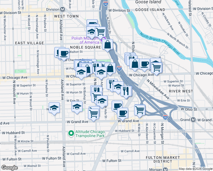 map of restaurants, bars, coffee shops, grocery stores, and more near 721 North Throop Street in Chicago