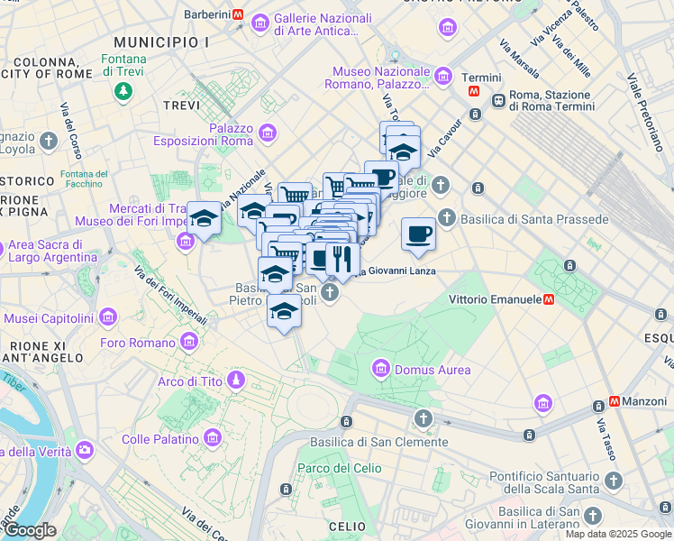 map of restaurants, bars, coffee shops, grocery stores, and more near 201 Via Cavour in Roma