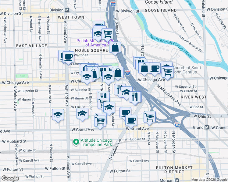 map of restaurants, bars, coffee shops, grocery stores, and more near 720 North Throop Street in Chicago