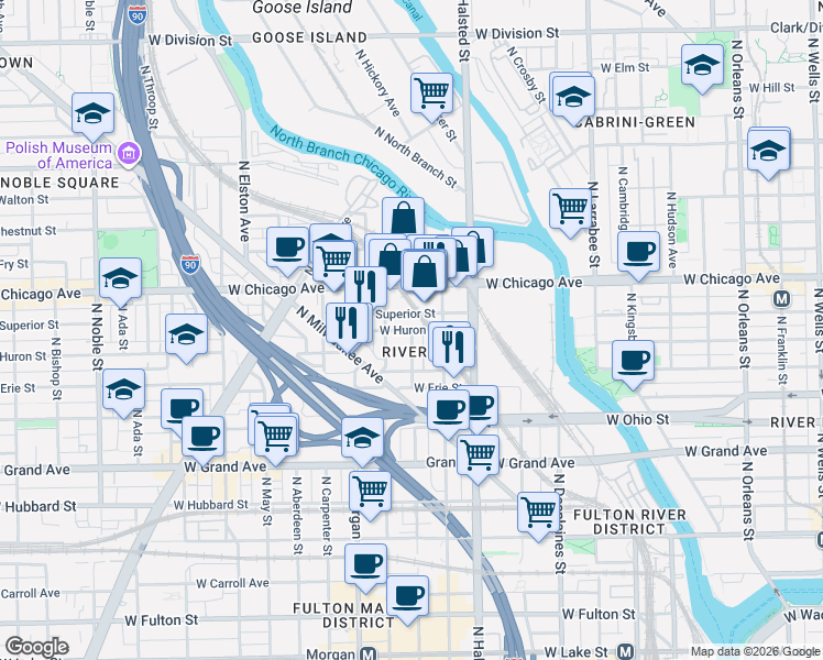 map of restaurants, bars, coffee shops, grocery stores, and more near W Huron St & N Peoria St in Chicago